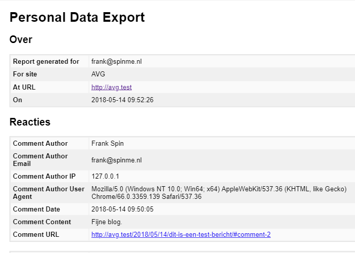 Voorbeeld van export persoonsgegevens in WordPress